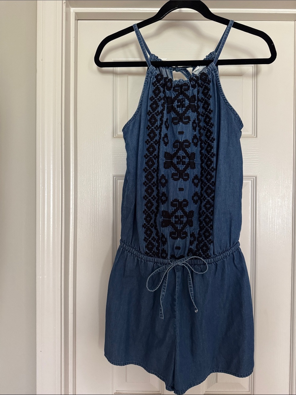 Old Navy Blue Embroidered Denim Romper